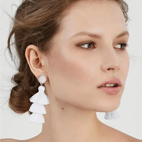 14K Yellow Gold with White Silk Thread Tassel and Quartz Druzy Post Earrings